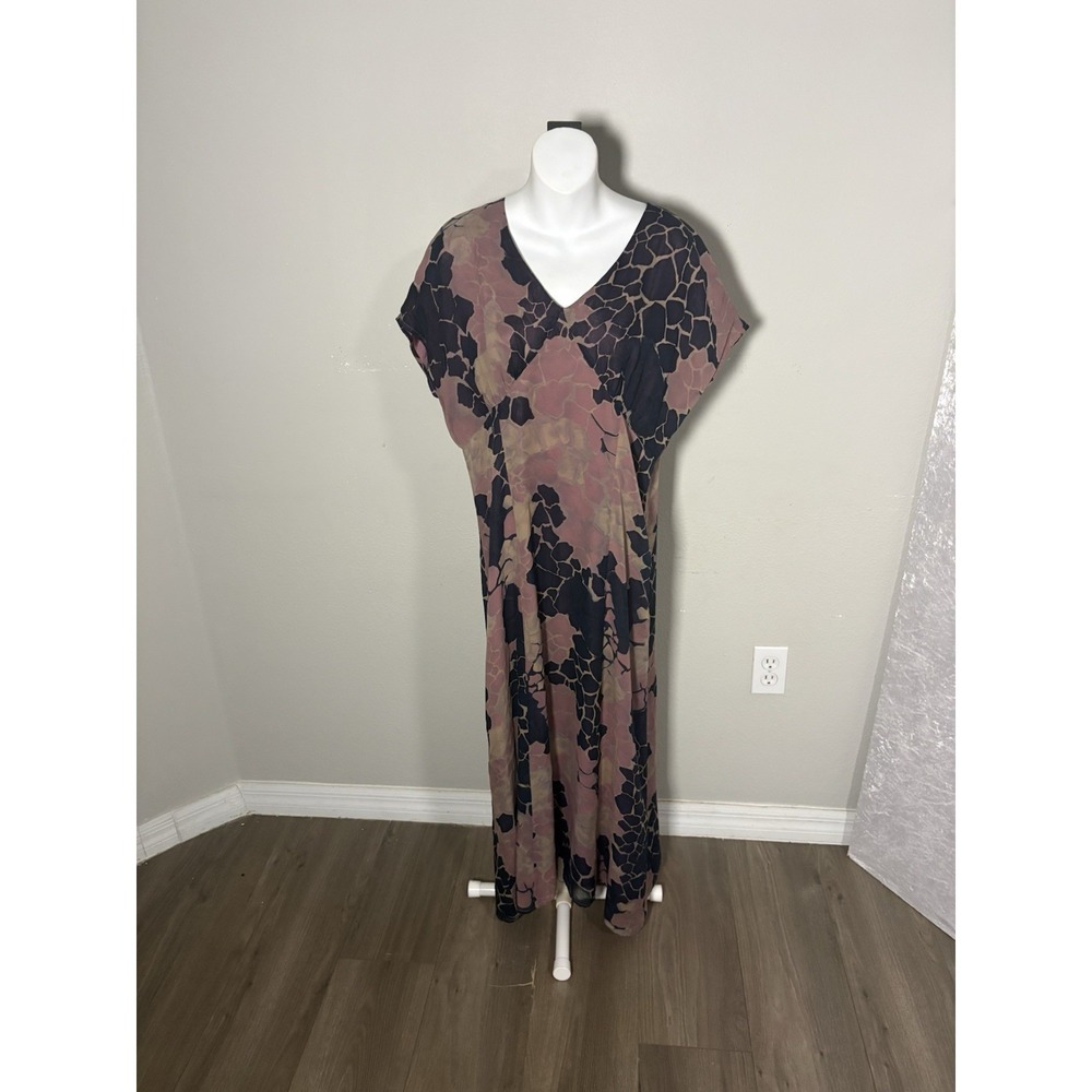 Tess 100% Silk Pink Navy Beige Geometric Maxi Dress Long V-Neck Zip Size 10